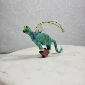 Vtg Cat Christmas Ornament 6.5" Green Glitter Striped Angel Wings Holiday Decor